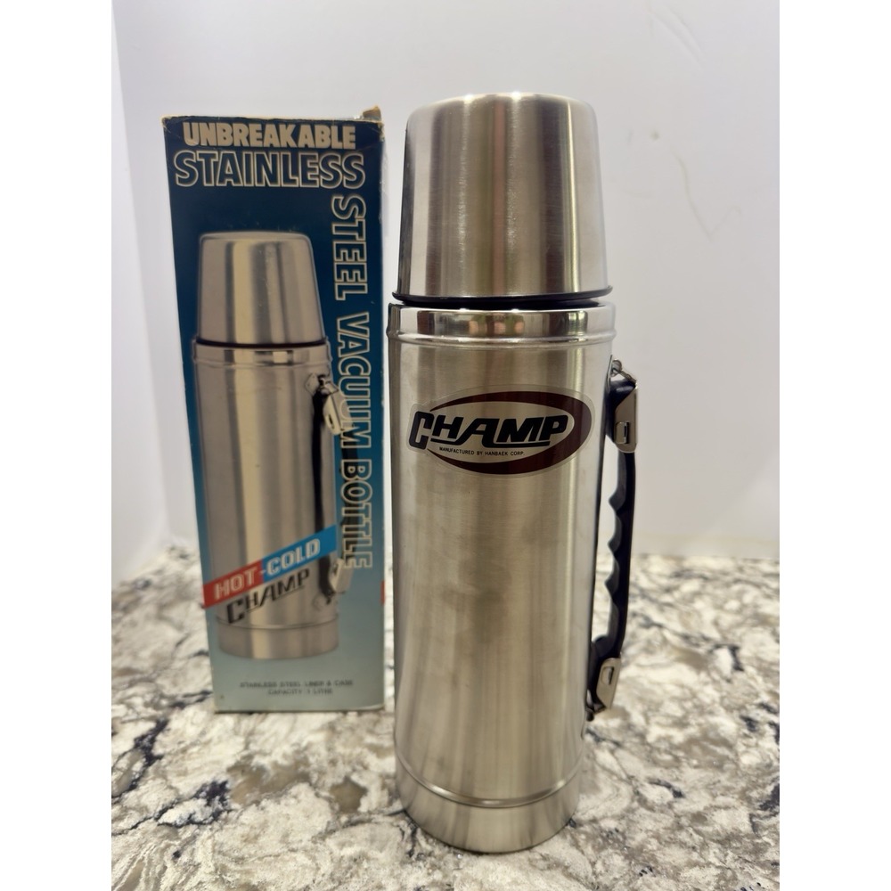 Vintage Hot Cold Champ Stainless Steel In and Out Thermos 1 Litre Camping NEW